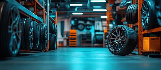 Automotive Workshop with Stacked Tires