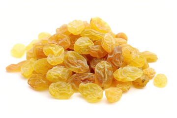 Golden Raisins. Raisin Pile in Yellow and Gold Tones on White Background