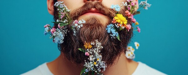 Young man with a flower-adorned long beard posing against a blue backdrop