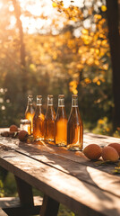 Wall Mural - Cozy Autumn Cider Tasting Setup with Warm Golden Lighting  