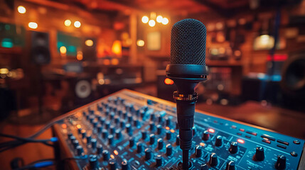 In a hazy recording studio control room, a high-quality microphone is positioned above a mixing console