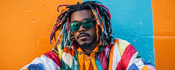 Wall Mural - Vibrant young man with colorful dreadlocks and a vibrant jacket poses against a bright blue and orange wall