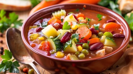 Wall Mural - Hearty Vegetable Soup with Kidney Beans, Potatoes and Greens, Closeup, Warm Color Tone