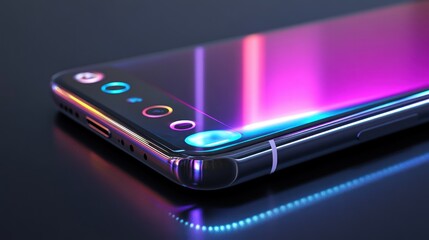 Poster - Close-up of a Black Smartphone with Neon Lights Reflecting on its Surface
