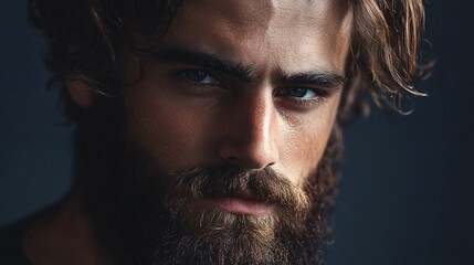 Wall Mural - Intense gaze: close-up of a handsome bearded man with piercing blue eyes