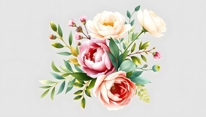 Wall Mural - A bouquet of pink and white roses with green leaves isolated on white background, arranged in a natural and elegant composition