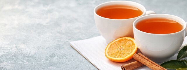 Sticker -  Two mugs of tea are placed next to an orange slice and a dusting of cinnamon on a pristine white paper