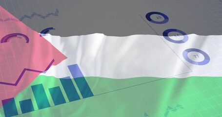 Poster - graphs and charts animation over waving palestine flag background