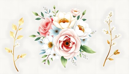 Wall Mural - A bouquet of pink and white roses with green leaves isolated on white background, arranged in a natural and elegant composition