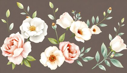 Wall Mural - A bouquet of pink and white roses with green leaves isolated on white background, arranged in a natural and elegant composition