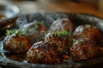 close up of delicious steaming meatballs garnished with microgreens in rich brown sauce