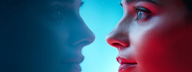 Wall Mural -  A tight shot of one woman's face in soft focus, another with a red light casting an intense backdrop