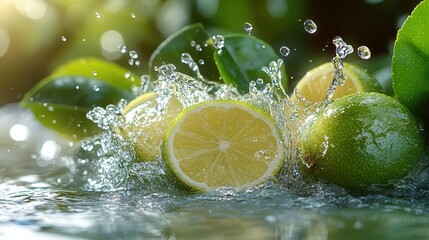 zesty lime halves splashing into crystalclear water surrounded by vibrant green leaves in a refreshing burst of citrus energy