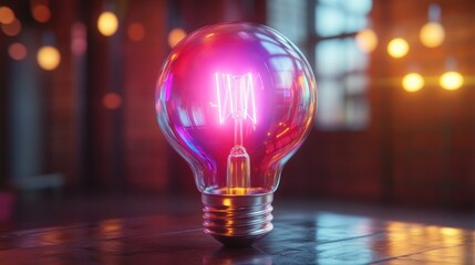 Poster - Illuminated Light Bulb with a Pink Glow and Bokeh Background