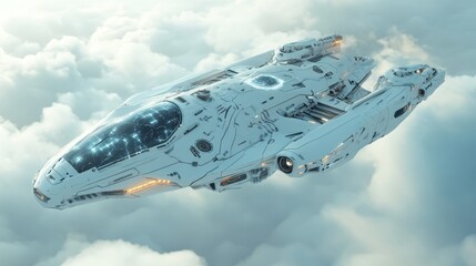 Canvas Print - Futuristic White Spaceship Flying Above Clouds