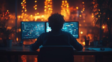 Poster - Person working late at night on computer screens illuminated by warm city lights in a modern workspace