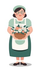 Sticker - woman with a basket of flowers illustration