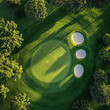 © elbanco - Aerial view of a golf course with a green, fairway, and sand traps.