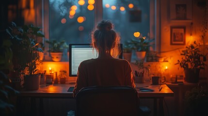 Poster - A person works at a dimly lit desk surrounded by plants and warm light in a cozy room during evening hours