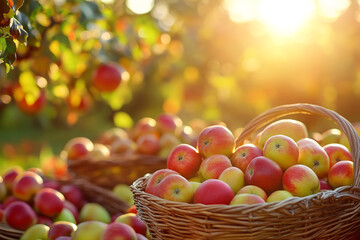 Wall Mural - Autumn Apple Harvest in Orchard for Cider Production Under Sunset