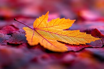 Wall Mural - yellow maple leaf on red autumn foliage background.