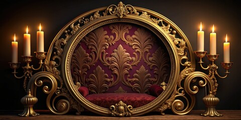 Luxurious gold semi-circle frame blending with ornate decor, rich jewel tones, opulent fabrics, soft candlelight, classic sophistication, refined elegance