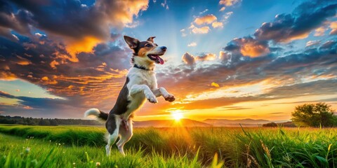 vibrant outdoor agility exercise happy puppy jumping treats motivational sunrise action energetic playful colorful situational freedom