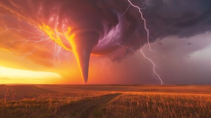 Poster - A tornado is seen in the distance, with a bright orange funnel cloud