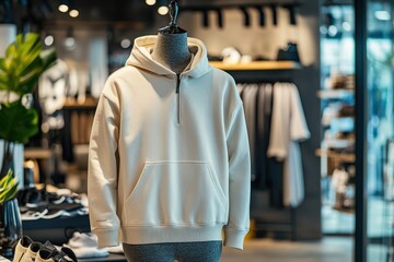 Wall Mural - A beige hoodie displayed on a mannequin in a modern retail store.