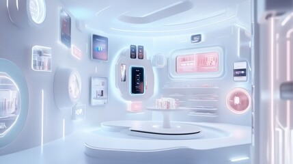 Poster - Futuristic White Room with Interactive Screens and a Circular Platform