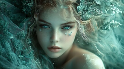 Enchanting portrait of a mythical forest nymph with ethereal makeup and delicate floral decorations, creating a magical, otherworldly ambiance.