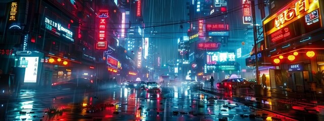 Futuristic cityscape with neon lights in a cyberpunk environment.