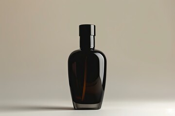 Poster - Tall and sleek black bottle standing on a white surface with a light brown background, perfect for showcasing a new fragrance or cosmetic product