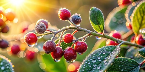 Wall Mural - Dew-covered leaves and glistening berries in natural setting