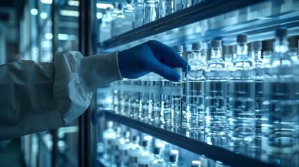 A person is reaching for a bottle of water on a shelf