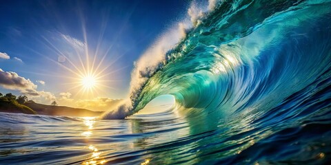 Wall Mural - A close-up shot of a wave cresting in the ocean under a radiant sun