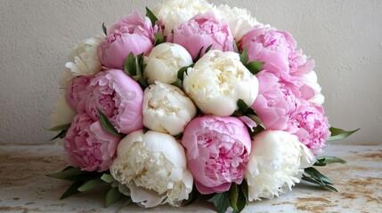 A bouquet of pink and white peonies, representing romance and prosperity, perfect for spring and bridal promotions