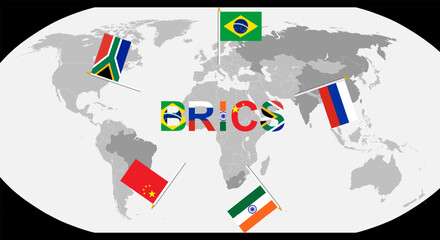 set of brics country under world map isolated on gray background for icon logo web. vector illustration.