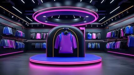 Modern retail clothing store interior featuring vibrant lighting and stylish apparel display.