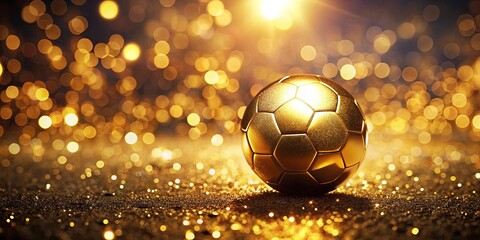 Golden soccer ball glowing among vibrant bokeh lights