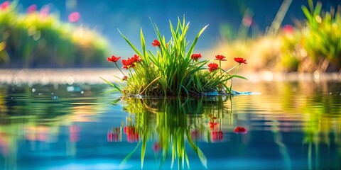 Close-up of submerged plant in water with grass and red flowers in background