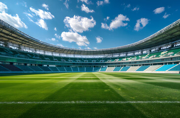 The football field grass under the blue sky and white clouds