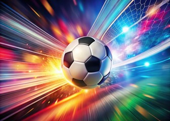 bold and colorful graphic-style photo of a soccer ball flying towards the goal with dynamic motion blur and abstract shapes in the background