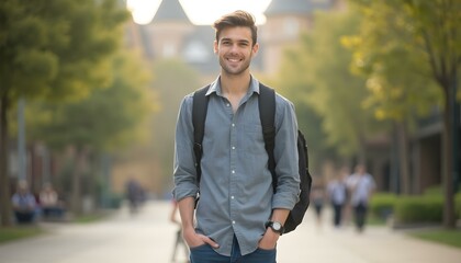 A Portrait of a male college student in shirt and jeans at campus looking at camera