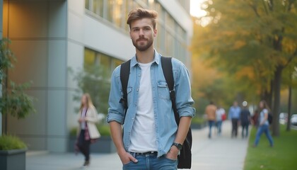 A Portrait of a male college student in shirt and jeans at campus looking at camera