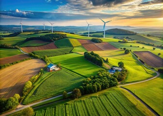 Stunning aerial view of a sustainable farm with rolling hills of organic crops and a few wind turbines in the distance