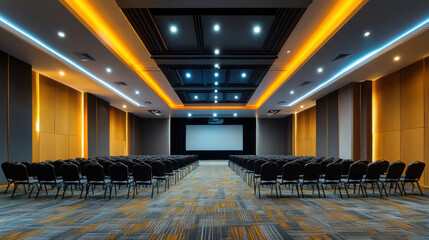 Poster - A spacious conference room with rows of chairs, ideal for presentations and meetings. modern design features bright lighting and large screen.