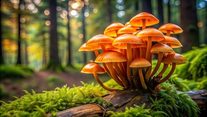 Wall Mural - Cluster of orange mushrooms on mossy log in lush forest setting