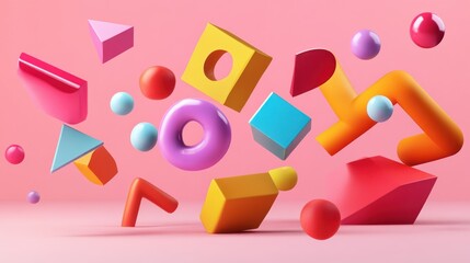 Sticker - Abstract Colorful 3D Geometric Shapes on a Pink Background