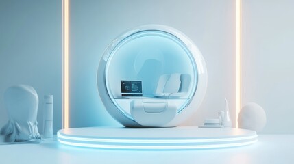 Poster - Futuristic White Pod with Laptop and Seats on a Platform